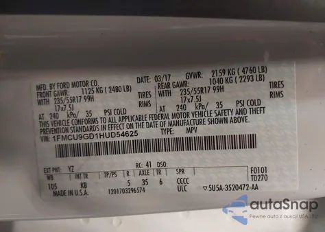 2017 Ford Escape Se from USA, damaged, VIN 1FMCU9GD1HUD54625